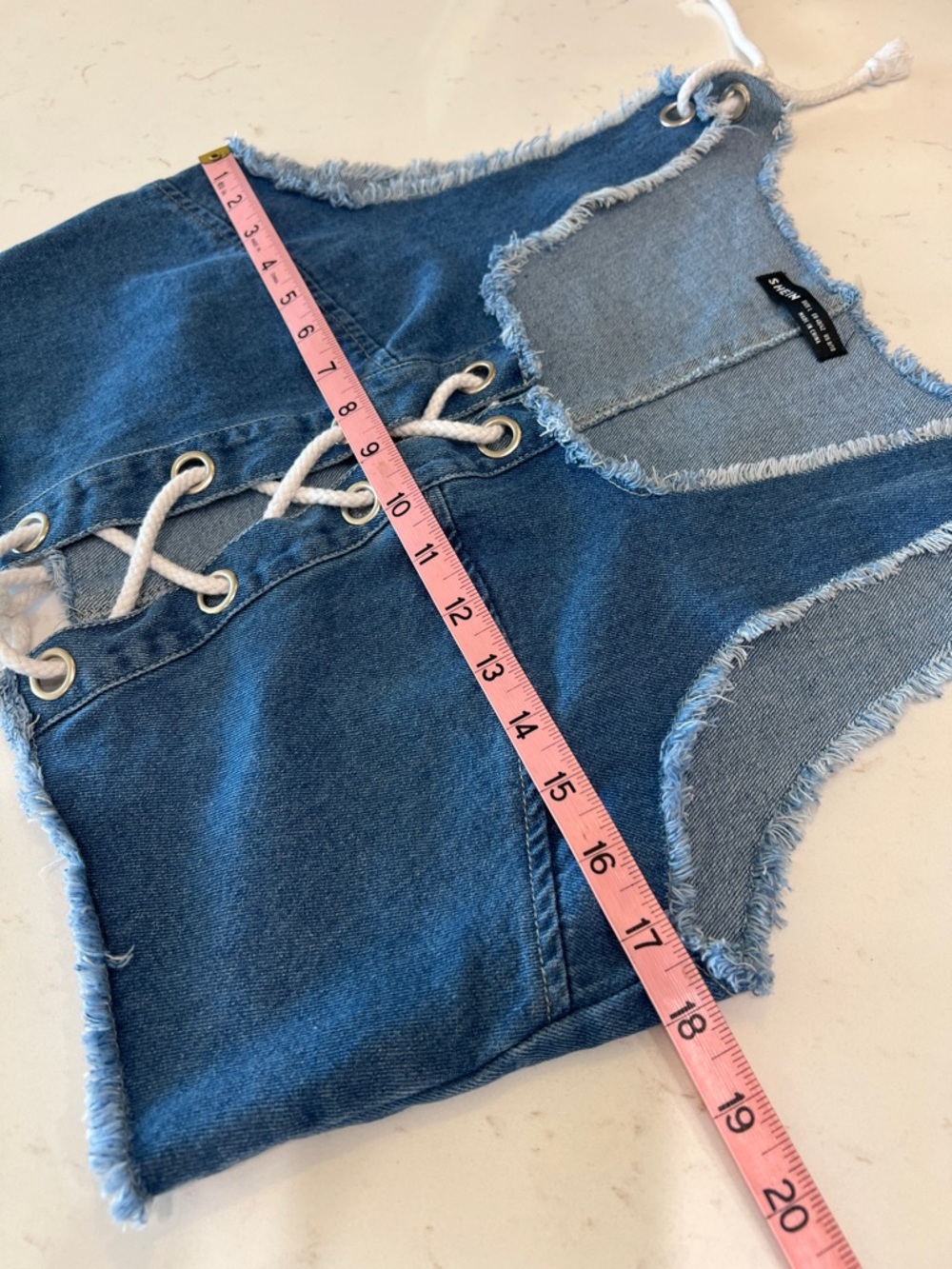 SHEIN Lace-Up Denim Crop Vest Grommet Shoulder Detail Raw Hem - Picture 6 of 7